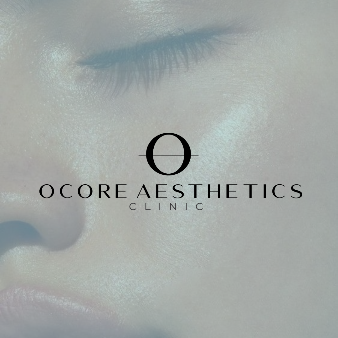 Close-up of a person's eye with OCORE AESTHETICS CLINIC logo overlayed.