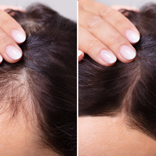 Close-up of a hand touching hair with a focus on texture and density.